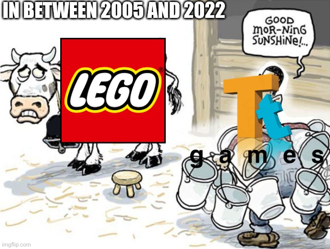 milking the cow | IN BETWEEN 2005 AND 2022 | image tagged in milking the cow,lego,tt games,video games,travellers tales | made w/ Imgflip meme maker