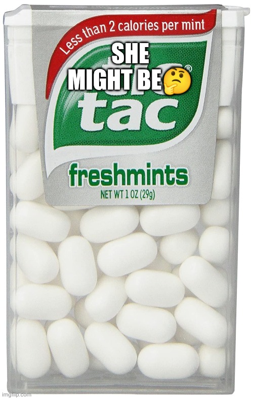 tic tac | SHE MIGHT BE? | image tagged in tic tac | made w/ Imgflip meme maker