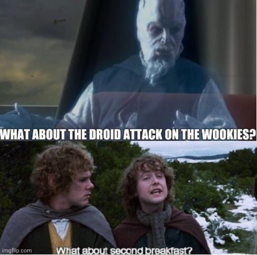 What about second breakfast | image tagged in star wars,what about the droid attack on the wookie,well what about second breakfast | made w/ Imgflip meme maker