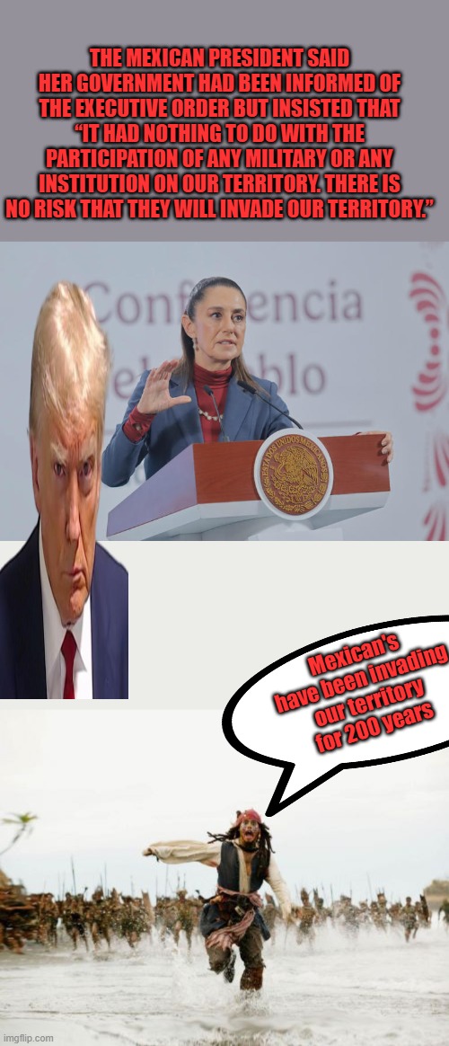 Time to tell the truth Lady | THE MEXICAN PRESIDENT SAID HER GOVERNMENT HAD BEEN INFORMED OF THE EXECUTIVE ORDER BUT INSISTED THAT “IT HAD NOTHING TO DO WITH THE PARTICIPATION OF ANY MILITARY OR ANY INSTITUTION ON OUR TERRITORY. THERE IS NO RISK THAT THEY WILL INVADE OUR TERRITORY.”; Mexican's have been invading our territory for 200 years | image tagged in memes,jack sparrow being chased | made w/ Imgflip meme maker