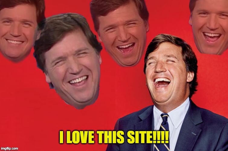 I LOVE THIS SITE!!!! | image tagged in tucker laughs at libs | made w/ Imgflip meme maker