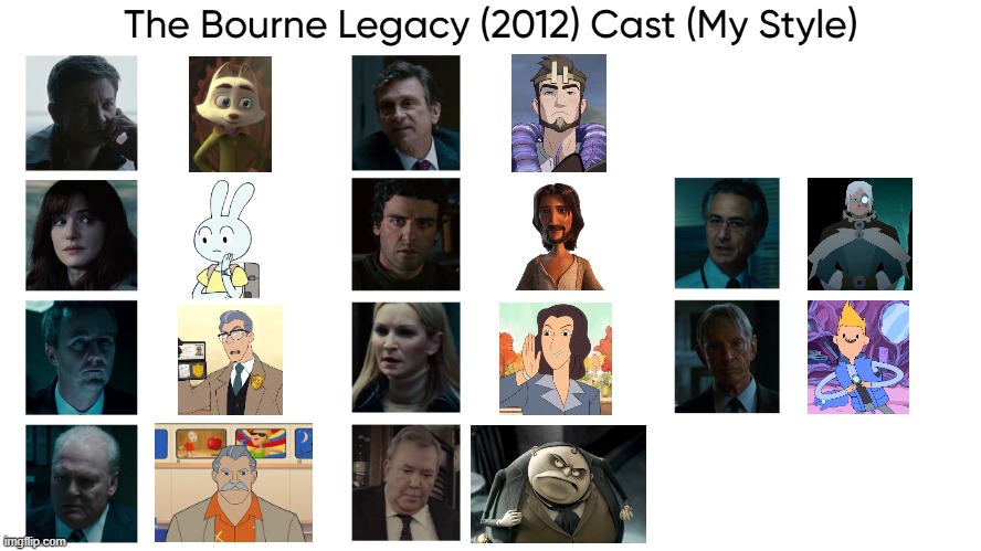 The Bourne Legacy (2012) Cast (My Style) | image tagged in the bourne legacy 2012 cast my style,meme,memes,spoof cast,the bourne legacy,characters | made w/ Imgflip meme maker