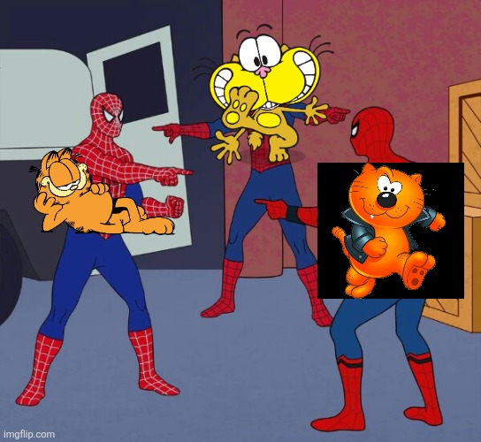 Garfield vs Heathcliff vs Gaturro | image tagged in spider man triple,garfield,heathcliff,gaturro,comics/cartoons,similarities | made w/ Imgflip meme maker
