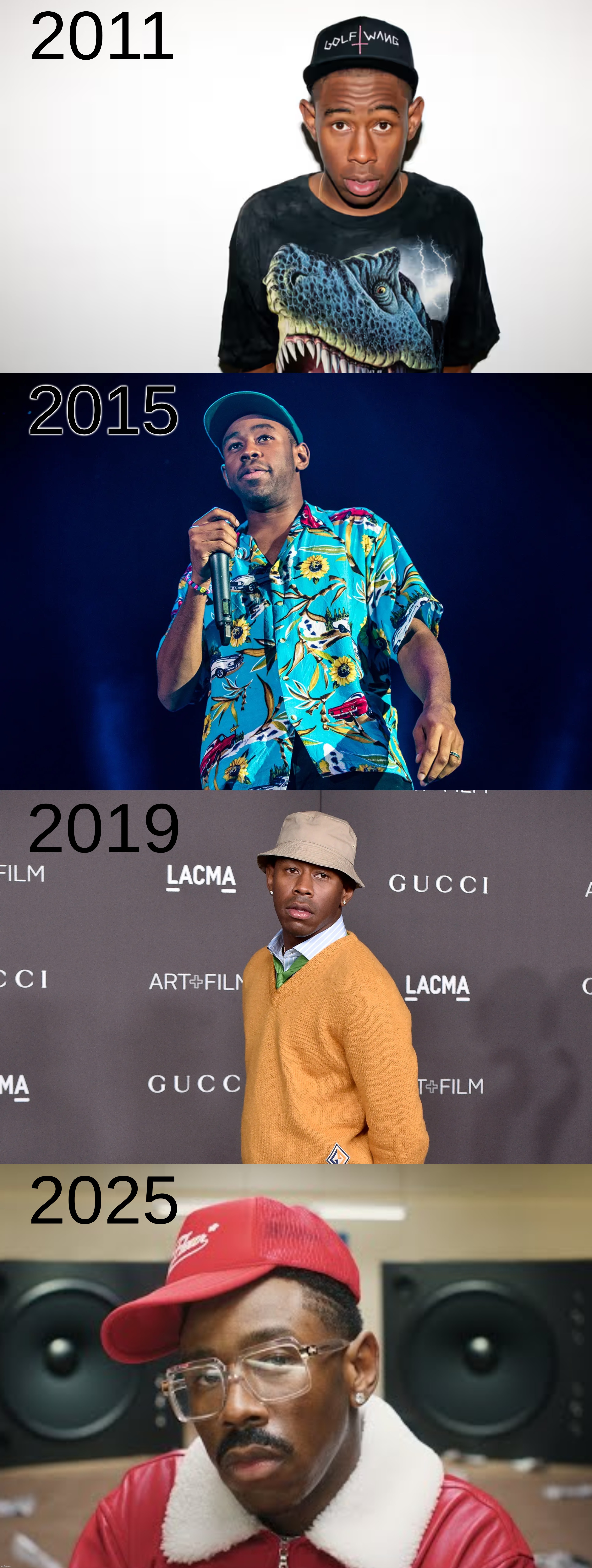 Why did Tyler the Creator only start aging in 2025 | 2011; 2015; 2019; 2025 | made w/ Imgflip meme maker