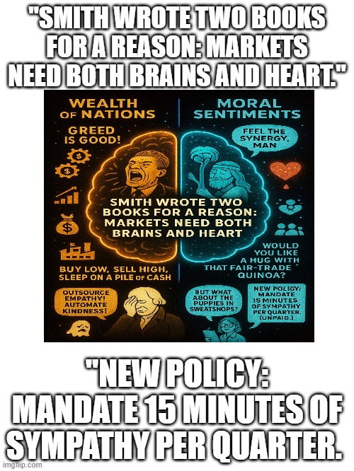 Meme#1 | "SMITH WROTE TWO BOOKS FOR A REASON: MARKETS NEED BOTH BRAINS AND HEART."; "NEW POLICY: MANDATE 15 MINUTES OF SYMPATHY PER QUARTER. | image tagged in adam and eve | made w/ Imgflip meme maker