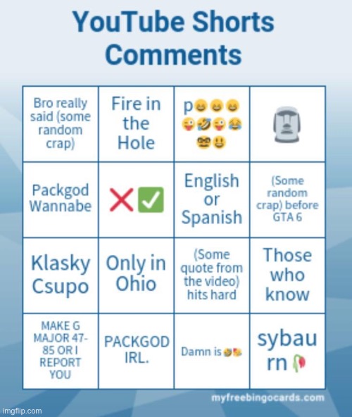 YouTube Shorts comments bingo Blank Meme Template