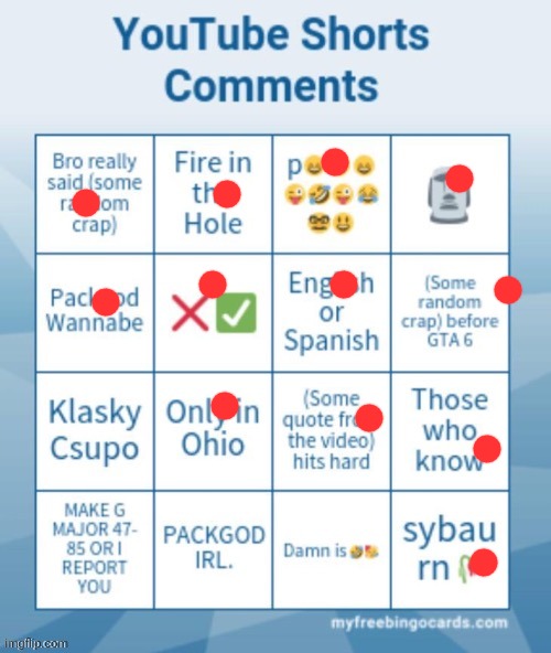 YouTube Shorts comments bingo | image tagged in youtube shorts comments bingo | made w/ Imgflip meme maker