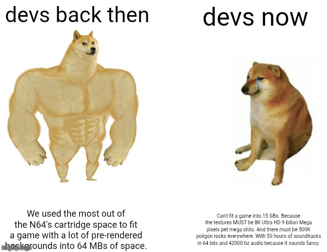 New devs VS old devs. | devs back then; devs now; We used the most out of the N64's cartridge space to fit a game with a lot of pre-rendered backgrounds into 64 MBs of space. Can't fit a game into 15 GBs. Because the textures MUST be 8K Ultra HD 9 billon Mega pixels pet mega shits. And there must be 500K poligon rocks everywhere. With 50 hours of soundtracks in 64 bits and 42000 hz audio because it sounds fancy. | image tagged in memes,buff doge vs cheems,developer,long | made w/ Imgflip meme maker
