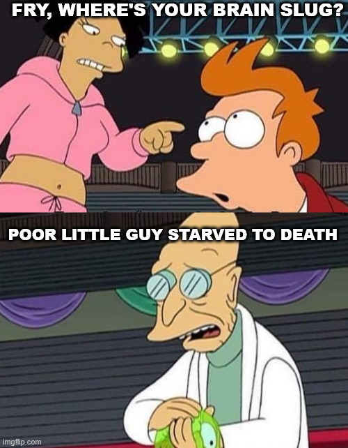 Brain Slug | FRY, WHERE'S YOUR BRAIN SLUG? POOR LITTLE GUY STARVED TO DEATH | image tagged in futurama,cartoon,meme,latticeclimbing,humor,lattice climbing | made w/ Imgflip meme maker