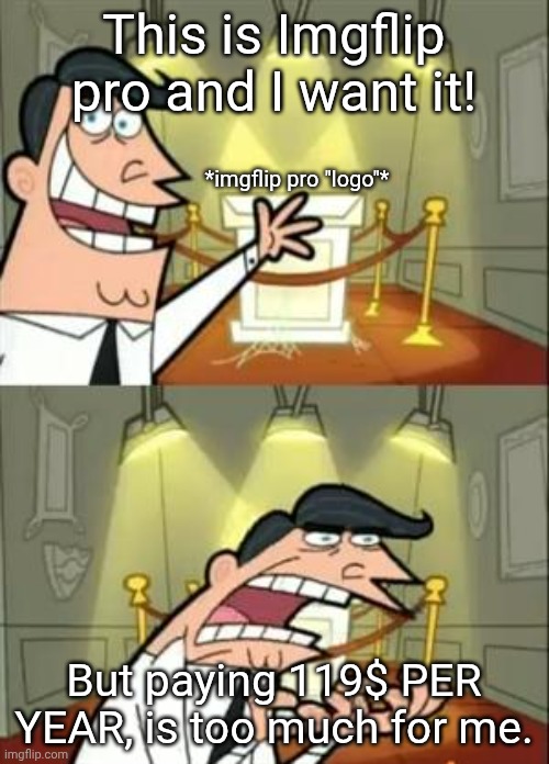 imgfilp pro sucks. | This is Imgflip pro and I want it! *imgflip pro "logo"*; But paying 119$ PER YEAR, is too much for me. | image tagged in memes,imgflip,imgflip pro,sucks | made w/ Imgflip meme maker