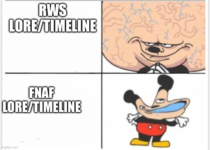 At least the RWS has an understandable timeline | RWS LORE/TIMELINE; FNAF LORE/TIMELINE | image tagged in mickey mouse brain | made w/ Imgflip meme maker