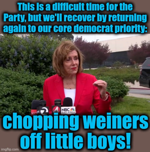 Core democrat: ritual sexual mutilation of children driven by political dogma | This is a difficult time for the
Party, but we'll recover by returning
again to our core democrat priority:; chopping weiners
off little boys! | image tagged in memes,nancy pelosi,ritual sexual mutilation of children,democrats,evil,stupid | made w/ Imgflip meme maker