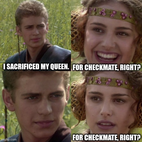 I think the right term is, blundered. | FOR CHECKMATE, RIGHT? I SACRIFICED MY QUEEN. FOR CHECKMATE, RIGHT? | image tagged in for the better right blank,meme,funny,chess | made w/ Imgflip meme maker