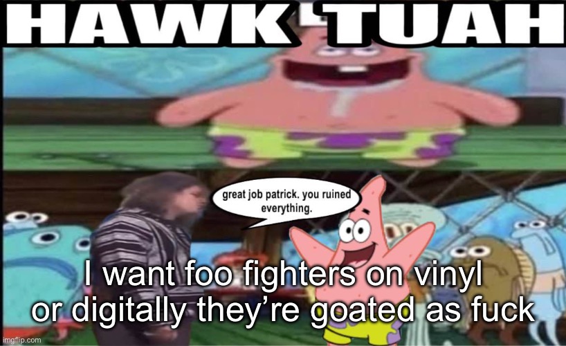 or cd too | I want foo fighters on vinyl or digitally they’re goated as fuck | image tagged in hawk tuah patrick | made w/ Imgflip meme maker