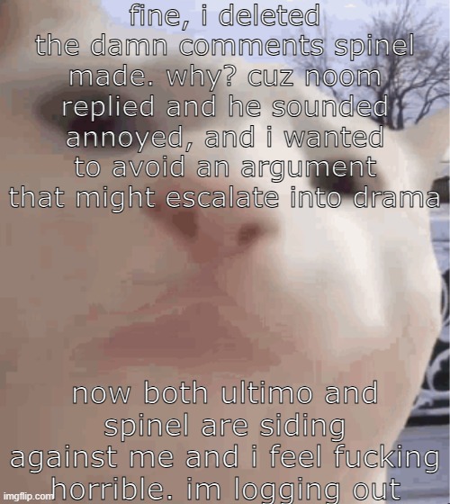 It was a single fucking comment why do I have to feel like this every time | fine, i deleted the damn comments spinel made. why? cuz noom replied and he sounded annoyed, and i wanted to avoid an argument that might escalate into drama; now both ultimo and spinel are siding against me and i feel fucking horrible. im logging out | image tagged in i showed you my,sans of topic | made w/ Imgflip meme maker