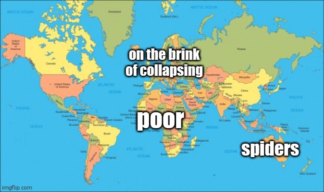 nowhere is safe | on the brink of collapsing; poor; spiders | image tagged in world map | made w/ Imgflip meme maker