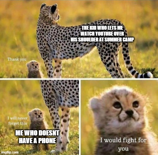 I would fight for you | THE KID WHO LETS ME WATCH YOUTUBE OVER HIS SHOULDER AT SUMMER CAMP; ME WHO DOESNT HAVE A PHONE | image tagged in i would fight for you,memes,dank memes,funny | made w/ Imgflip meme maker