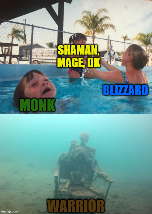 Swimming Pool Kids | SHAMAN, MAGE, DK; BLIZZARD; MONK; WARRIOR | image tagged in swimming pool kids | made w/ Imgflip meme maker