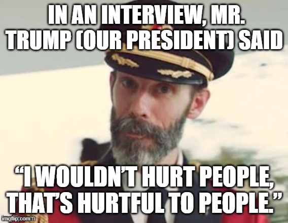 Trump interview | IN AN INTERVIEW, MR. TRUMP (OUR PRESIDENT) SAID; “I WOULDN’T HURT PEOPLE, THAT’S HURTFUL TO PEOPLE.” | image tagged in captain obvious,donald trump,trump | made w/ Imgflip meme maker