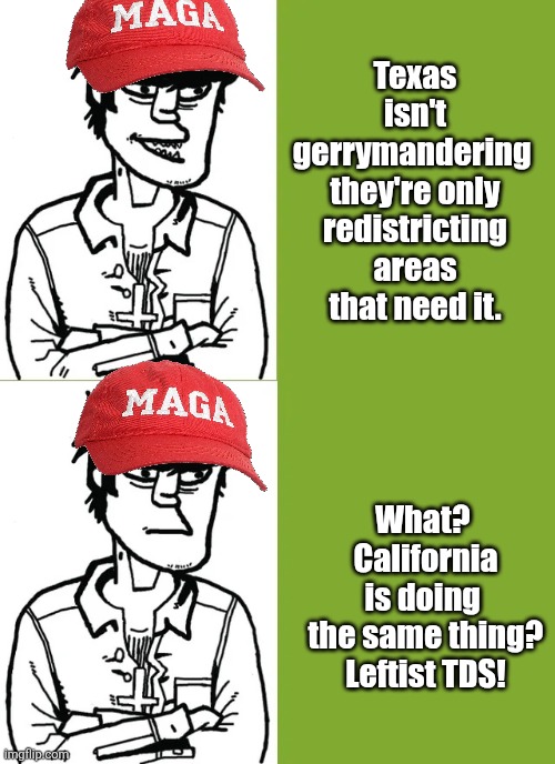 It's only inappropriate when the left does it. | What? 

California is doing 

the same thing?

Leftist TDS! Texas isn't gerrymandering 

they're only redistricting areas that need it. | image tagged in trump,gerrymandering texas rigging election,california tit for tat,beginning of civil conflict,state against state | made w/ Imgflip meme maker