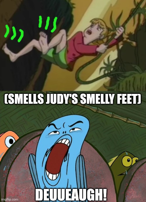 Poor Judy from Jumanji has her stinky feet | (SMELLS JUDY'S SMELLY FEET); DEUUEAUGH! | image tagged in deuueaugh,jumanji,bad smell,barefoot,stinky,judy shepherd | made w/ Imgflip meme maker
