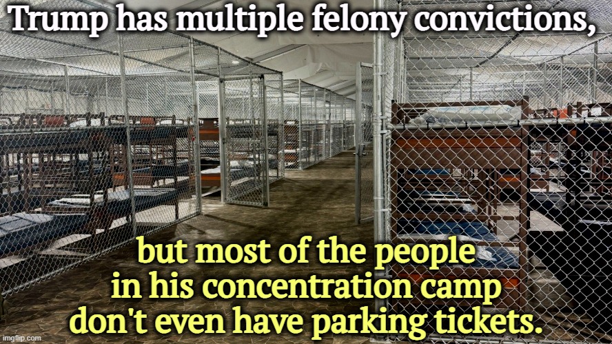 Most have not been charged with any crime. Remember innocent until proven guilty? | Trump has multiple felony convictions, but most of the people in his concentration camp don't even have parking tickets. | image tagged in trump,criminal,felony,concentration camp,ethnic cleansing,ice | made w/ Imgflip meme maker