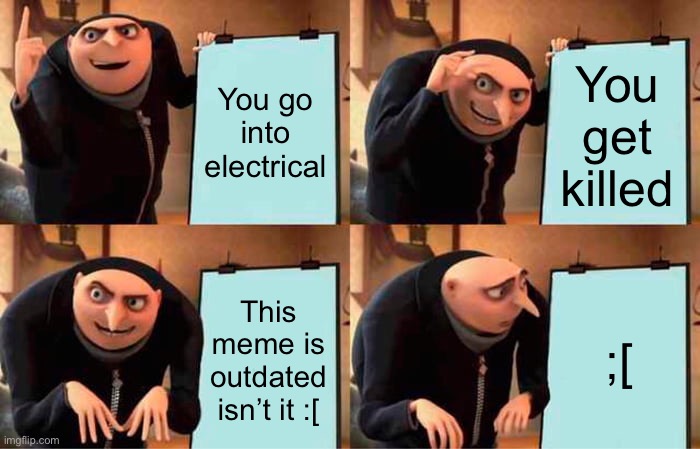 Among us! | You go into electrical; You get killed; This meme is outdated isn’t it :[; ;[ | image tagged in memes,gru's plan | made w/ Imgflip meme maker