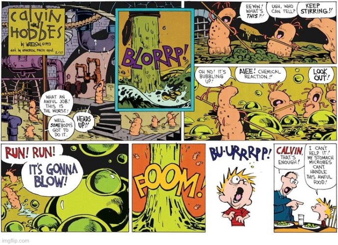 Dinner at Calvin’s house is always an adventure, or a horror show… | image tagged in calvin and hobbes,comics,dinner,intestinal distress,burp | made w/ Imgflip meme maker