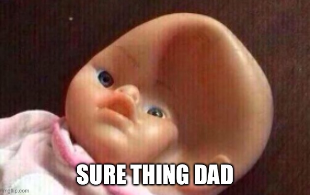 Squashed Doll Head | SURE THING DAD | image tagged in squashed doll head | made w/ Imgflip meme maker