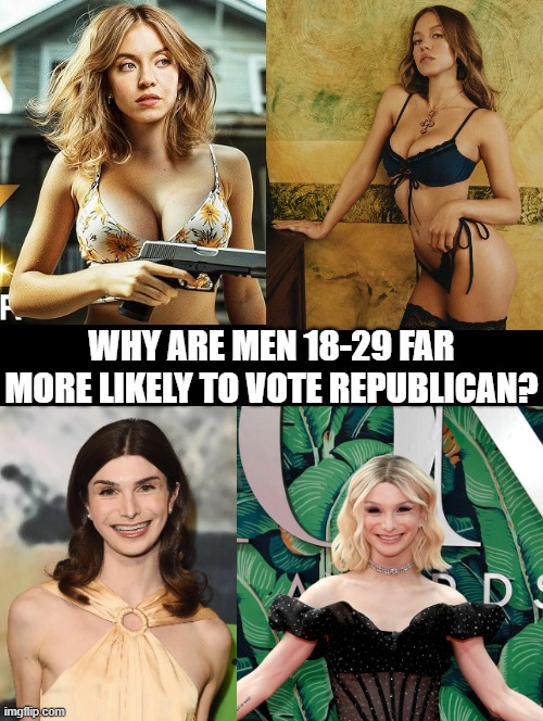 Why? | WHY ARE MEN 18-29 FAR MORE LIKELY TO VOTE REPUBLICAN? | image tagged in oh god why | made w/ Imgflip meme maker