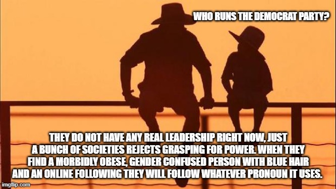 Cowboy wisdom, Democrats need leadership, apply within | WHO RUNS THE DEMOCRAT PARTY? THEY DO NOT HAVE ANY REAL LEADERSHIP RIGHT NOW, JUST A BUNCH OF SOCIETIES REJECTS GRASPING FOR POWER. WHEN THEY FIND A MORBIDLY OBESE, GENDER CONFUSED PERSON WITH BLUE HAIR AND AN ONLINE FOLLOWING THEY WILL FOLLOW WHATEVER PRONOUN IT USES. | image tagged in cowboy father and son,cowboy wisdom,apply within,leadership,obese woman at computer,gender confusion | made w/ Imgflip meme maker