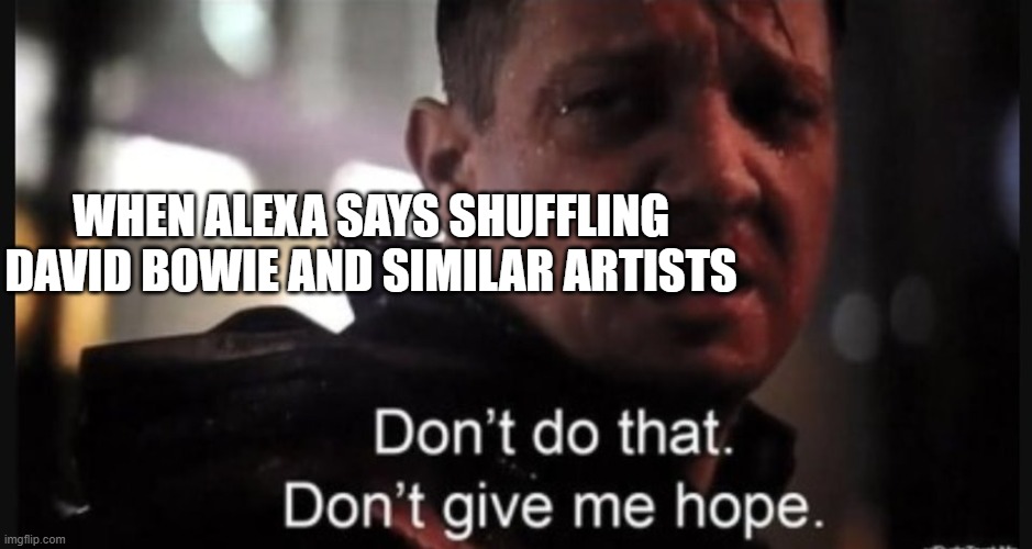 Hawkeye ''don't give me hope'' | WHEN ALEXA SAYS SHUFFLING DAVID BOWIE AND SIMILAR ARTISTS | image tagged in hawkeye ''don't give me hope'' | made w/ Imgflip meme maker