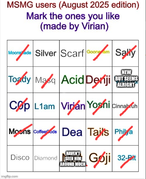 Msmg user bingo (August 2025 edition) | NEW BUT SEEMS ALRIGHT; HAVEN'T SEEN HIM AROUND MUCH | image tagged in msmg user bingo august 2025 edition | made w/ Imgflip meme maker