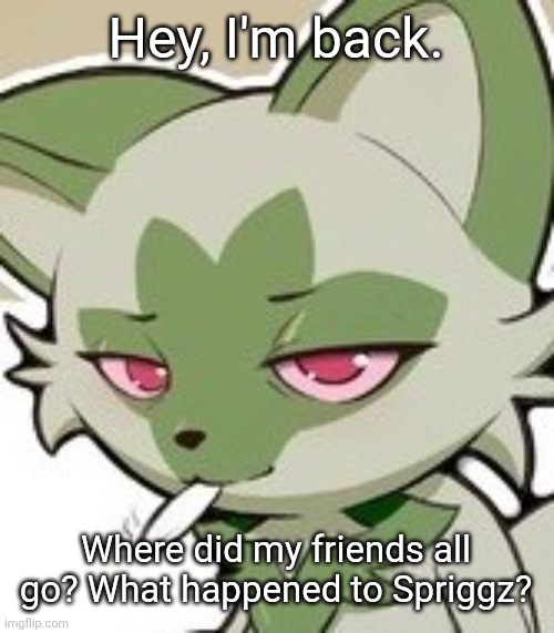 bluntatito Temp | Hey, I'm back. Where did my friends all go? What happened to Spriggz? | image tagged in bluntatito temp | made w/ Imgflip meme maker