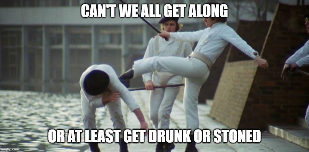 Get along | CAN'T WE ALL GET ALONG; OR AT LEAST GET DRUNK OR STONED | image tagged in very easy to get along with until | made w/ Imgflip meme maker