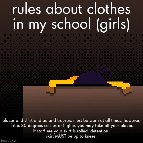 life. | rules about clothes in my school (girls); blazer and shirt and tie and trousers must be worn at all times, however,
if it is 30 degrees celcius or higher, you may take off your blazer.
if staff see your skirt is rolled, detention.
skirt MUST be up to knees. | image tagged in life | made w/ Imgflip meme maker