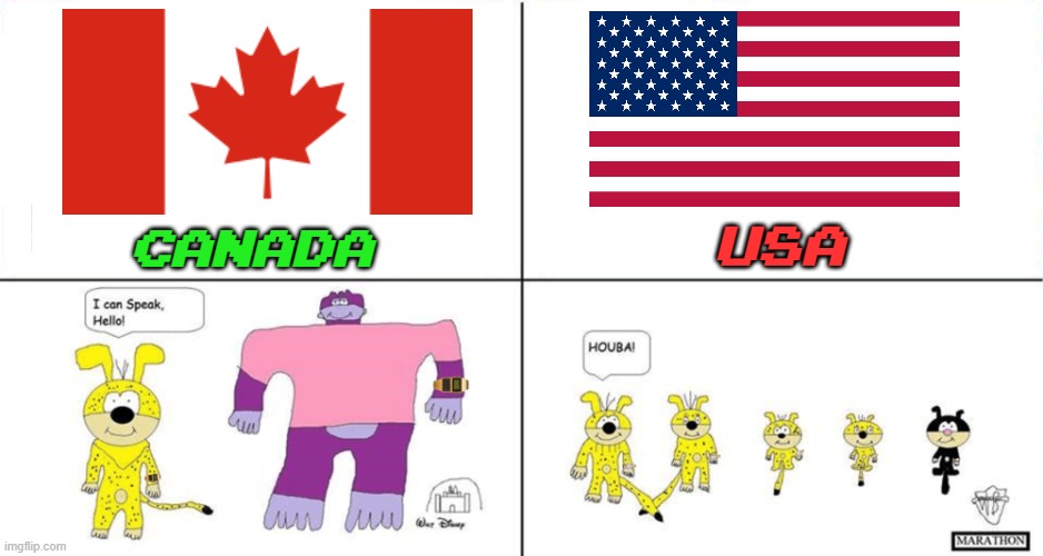 Canada vs USA | USA; CANADA | image tagged in disney version vs marathon version | made w/ Imgflip meme maker