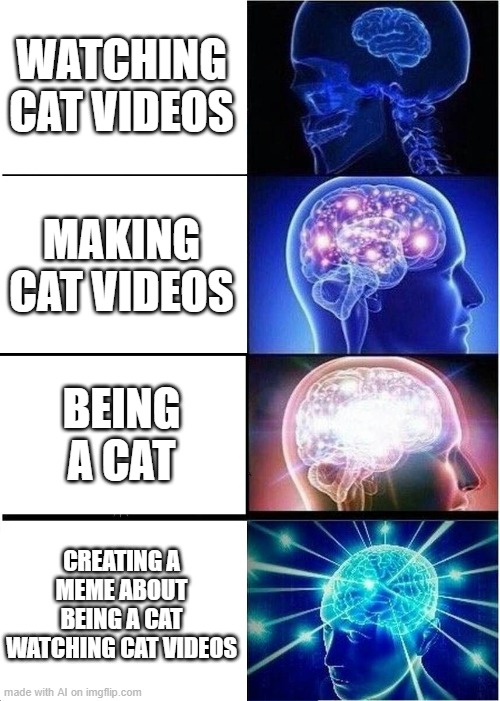 cat meme | WATCHING CAT VIDEOS; MAKING CAT VIDEOS; BEING A CAT; CREATING A MEME ABOUT BEING A CAT WATCHING CAT VIDEOS | image tagged in memes,expanding brain | made w/ Imgflip meme maker