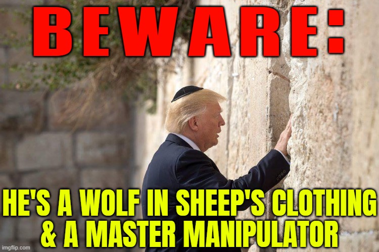 Beware: He's A Wolf In Sheep's Clothing & A Master Manipulator | BEWARE:; HE'S A WOLF IN SHEEP'S CLOTHING
& A MASTER MANIPULATOR | image tagged in trump wailing wall,sheeple,manipulation,donald trump,make america great again,evil government | made w/ Imgflip meme maker