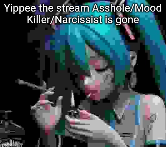 Miku smoking low quality | Yippee the stream Asshole/Mood Killer/Narcissist is gone | image tagged in miku smoking low quality | made w/ Imgflip meme maker