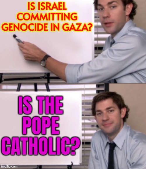Is the Pope Catholic? | IS ISRAEL COMMITTING
GENOCIDE IN GAZA? IS THE
POPE
CATHOLIC? | image tagged in jim halpert white board template,genocide,pope,anti-religion,palestine,abrahamic religions | made w/ Imgflip meme maker