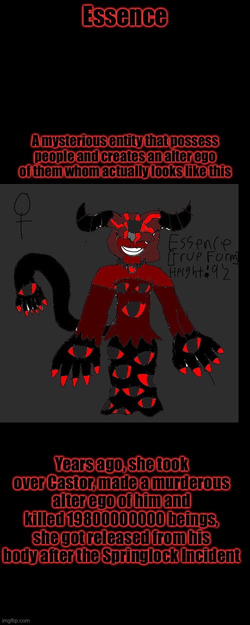 More Info about Castor | Essence; A mysterious entity that possess people and creates an alter ego of them whom actually looks like this; Years ago, she took over Castor, made a murderous alter ego of him and killed 19800000000 beings, she got released from his body after the Springlock Incident | image tagged in sans of topic | made w/ Imgflip meme maker