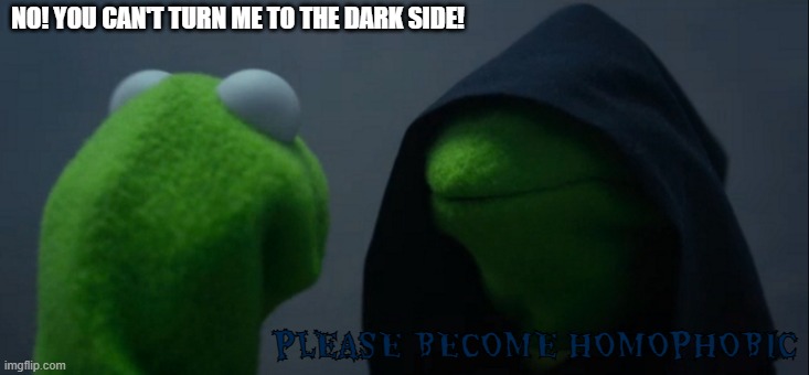 Evil Kermit | NO! YOU CAN'T TURN ME TO THE DARK SIDE! PLEASE BECOME HOMOPHOBIC | image tagged in memes,evil kermit | made w/ Imgflip meme maker