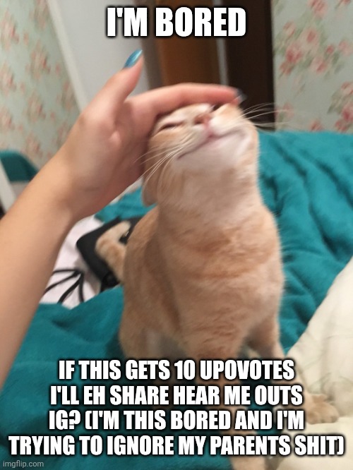 :> | I'M BORED; IF THIS GETS 10 UPOVOTES I'LL EH SHARE HEAR ME OUTS IG? (I'M THIS BORED AND I'M TRYING TO IGNORE MY PARENTS SHIT) | image tagged in cat pat | made w/ Imgflip meme maker