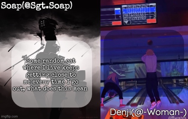 Soap and Denji shared temp | Some random cat where I live keeps getting close to me every time I go out, what does this mean | image tagged in soap and denji shared temp,msmg | made w/ Imgflip meme maker