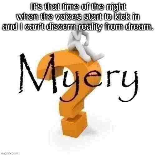 GN (in a bit) | It's that time of the night when the voices start to kick in and I can't discern reality from dream. | image tagged in guy sitting on some big ass question mark | made w/ Imgflip meme maker