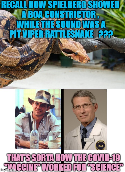 "A PANDEMIC of the UNVACCINATED" -Tony Fauci, the Gooch of Fear | RECALL HOW SPIELBERG SHOWED 
A BOA CONSTRICTOR , 
WHILE THE SOUND WAS A
PIT VIPER RATTLESNAKE   ??? THAT'S SORTA HOW THE COVID-19
"VACCINE" WORKED FOR "SCIENCE" | image tagged in boa constrictor,dr fauci,bill gates loves vaccines,pandemic,covid vaccine,trump | made w/ Imgflip meme maker