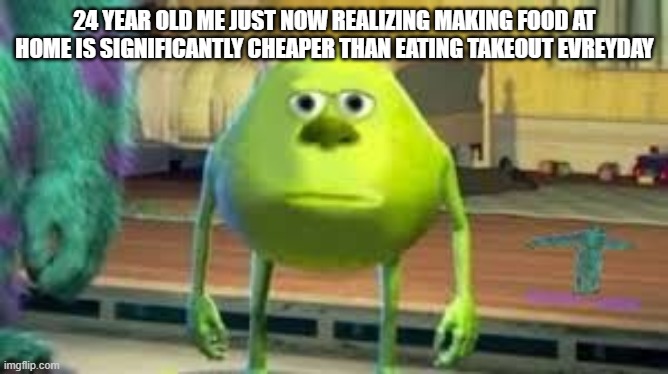 Mike Wazowski two eyed | 24 YEAR OLD ME JUST NOW REALIZING MAKING FOOD AT HOME IS SIGNIFICANTLY CHEAPER THAN EATING TAKEOUT EVREYDAY | image tagged in mike wazowski two eyed,memes,monsters inc,disney | made w/ Imgflip meme maker