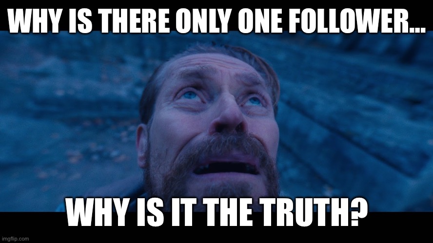 Why… | WHY IS THERE ONLY ONE FOLLOWER…; WHY IS IT THE TRUTH? | image tagged in willem dafoe looking up,empty | made w/ Imgflip meme maker