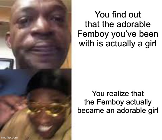 Femboys and Trans Girls are both equally adorable | You find out that the adorable Femboy you’ve been with is actually a girl; You realize that the Femboy actually became an adorable girl | made w/ Imgflip meme maker